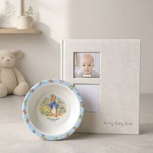 Peter Rabbit Melamine Bowl & Kate Milo Linen Baby Memory Book Gift Set